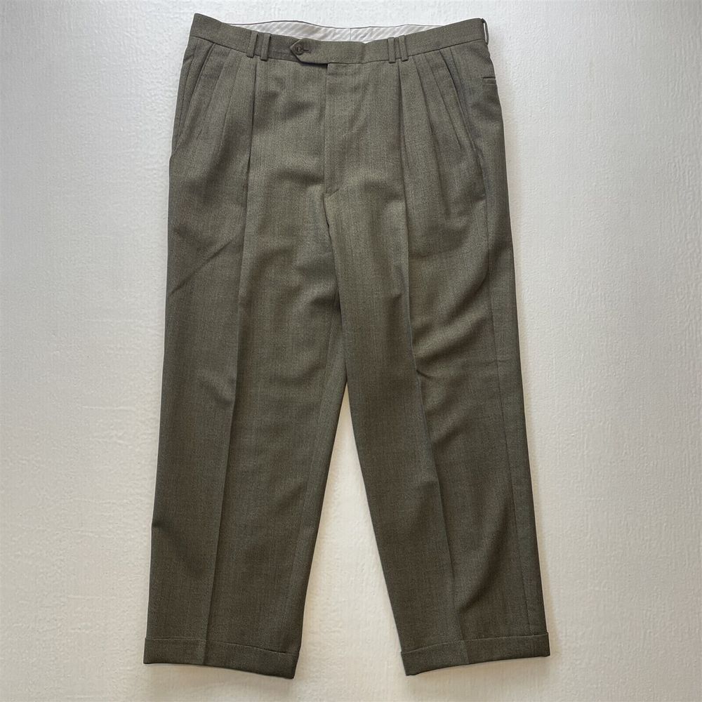 Samuelsohn 38x29 Green Brown Pleated Cuffed Full Cut 100% Wool‎ Mens Dress Pants